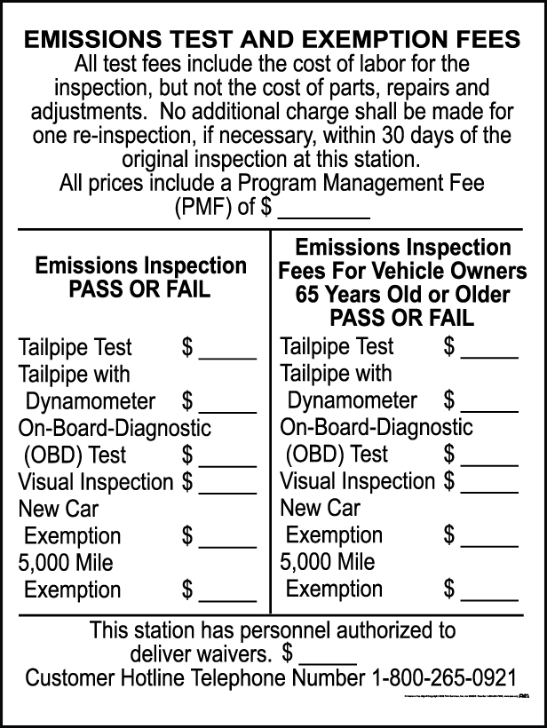 Emissions Test And Exemption Fee Sign